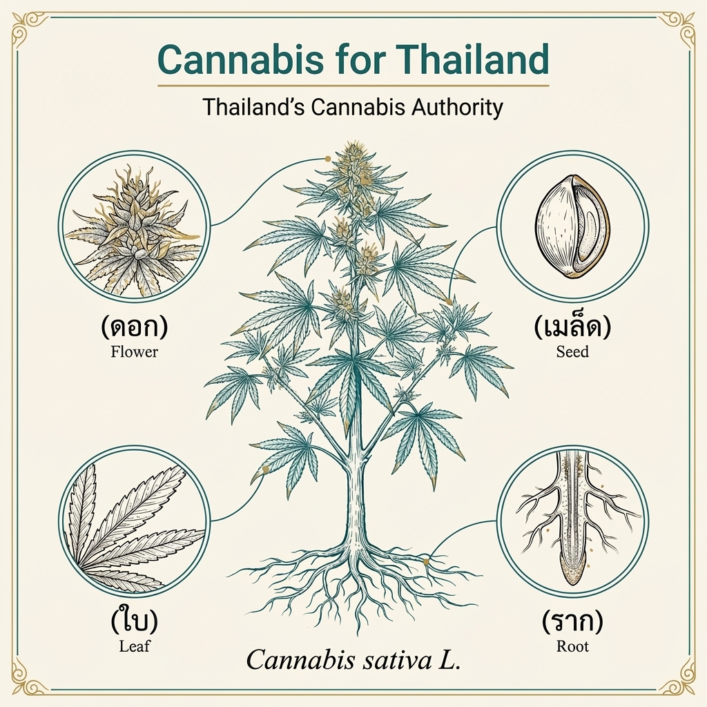 Cannabis for Thailand botanical illustration with labeled plant parts