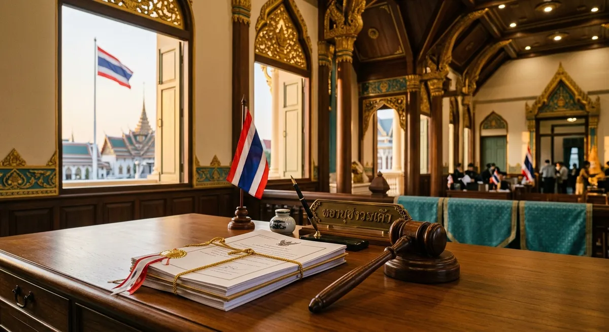 Judge's gavel and Thai flag on a desk inside a Thai government chamber