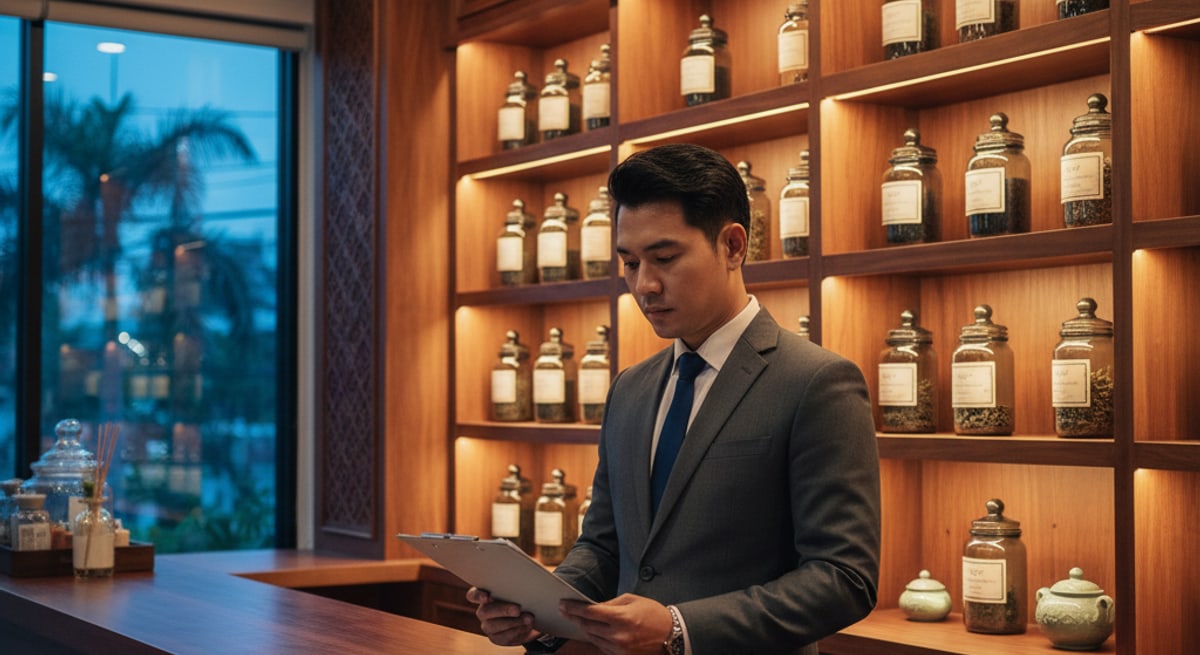 Cannabis dispensary inspector reviewing premises ownership and storage records under Ministerial Regulation No. 2 B.E. 2569