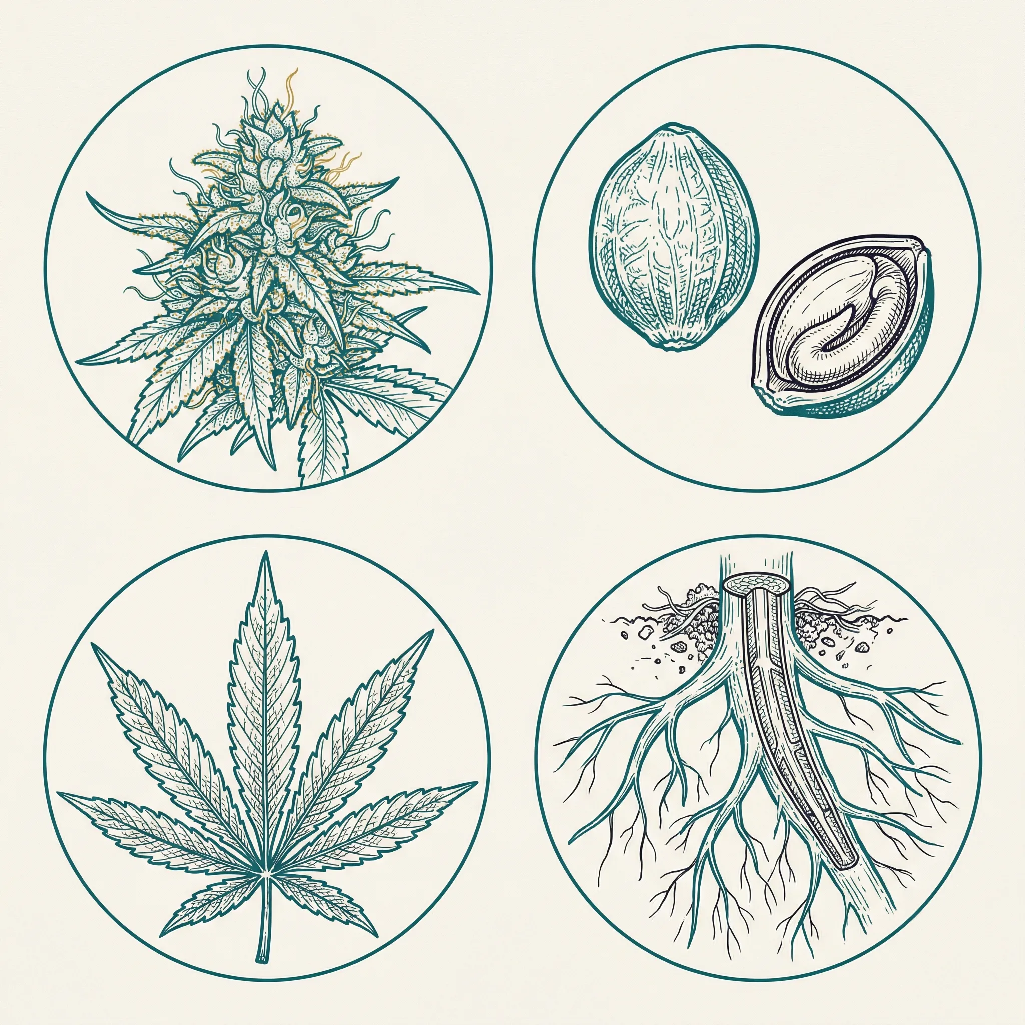 Botanical illustration of cannabis plant parts in traditional Thai style